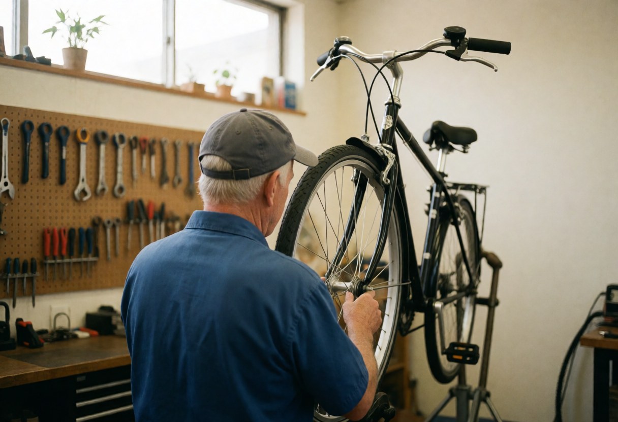 Bike mechanic inspecting front wheel in well-lit workshop with tools on wall