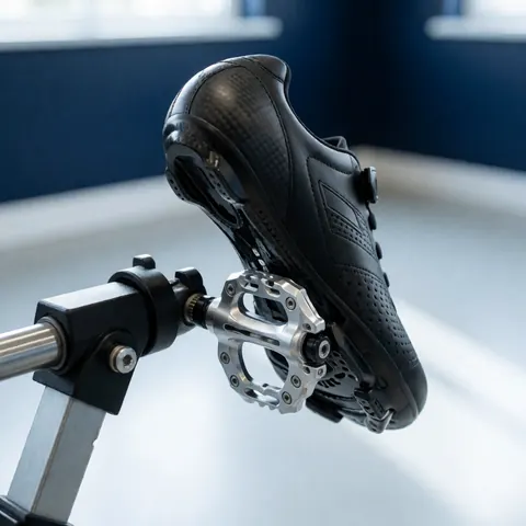 Close-up of a black carbon-soled cycling shoe clipped into a repair pedal against a workshop background with a dark blue wall and white floor.