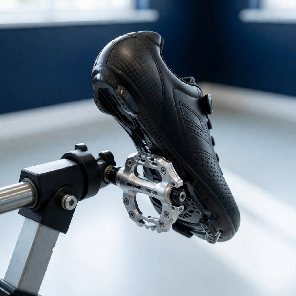 Close-up of a black carbon-soled cycling shoe clipped into a repair pedal against a workshop background with a dark blue wall and white floor.
