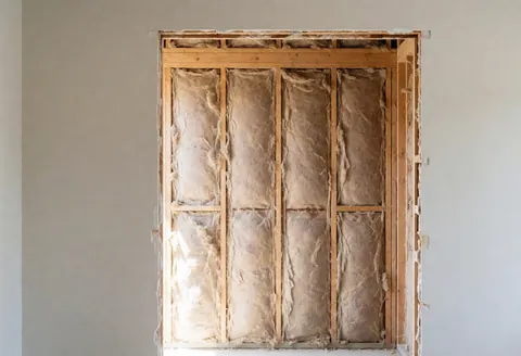Wall opening prepared for door installation, showing visible insulation and a wooden frame illuminated by natural light.