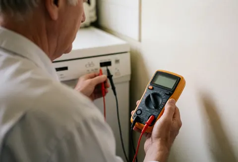 Technician using a multimeter to diagnose control panel faults in a white kitchen.