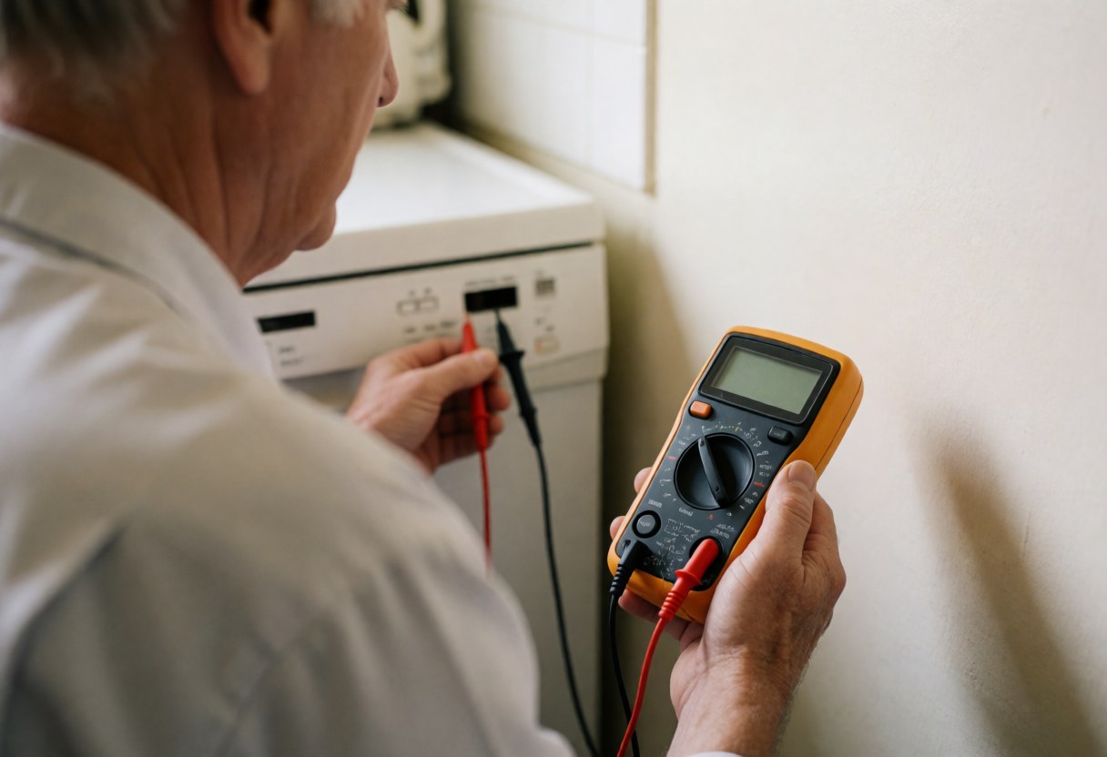 Technician using a multimeter to diagnose control panel faults in a white kitchen.