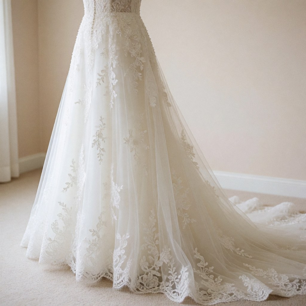 White floral lace wedding gown with a long train, showing embroidery details and fabric texture on a light studio floor