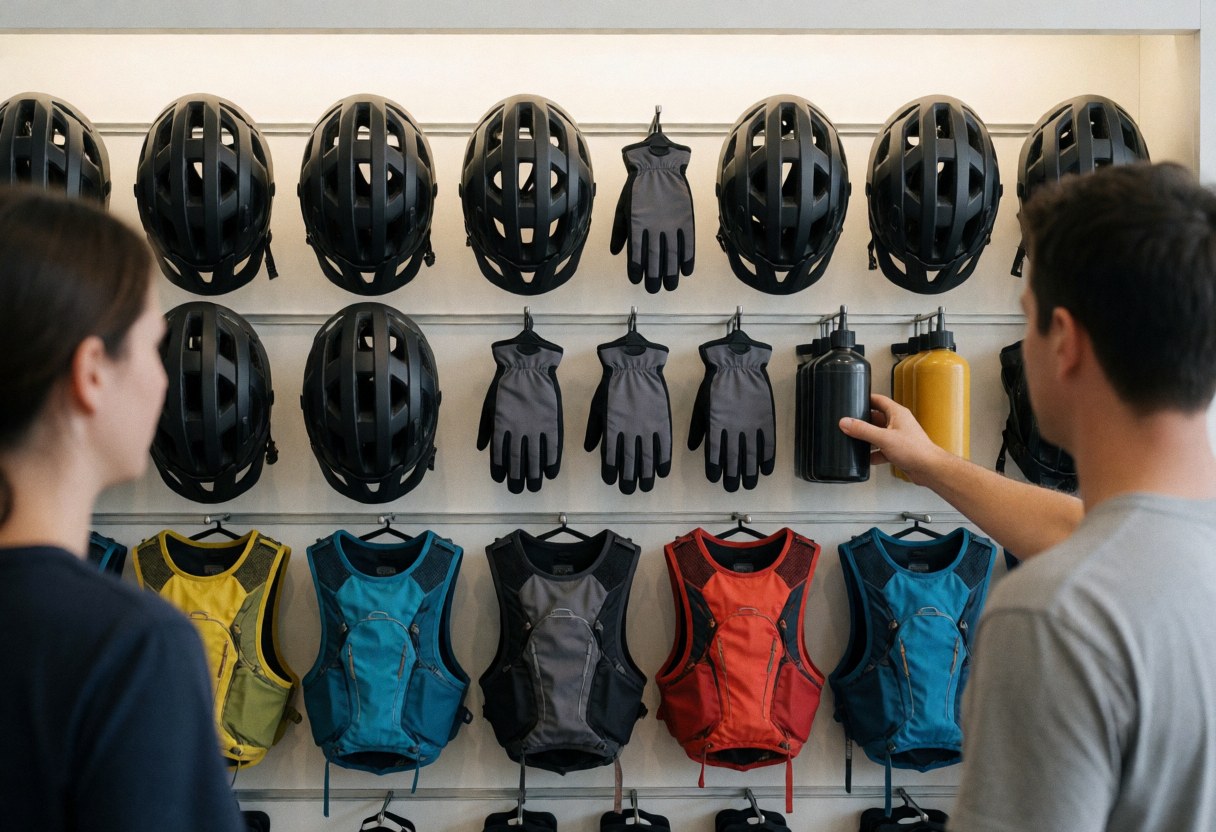 Customer touching a sealant bottle in a mountain bike accessory store with helmets, gloves, and hydration gear displayed on the wall.