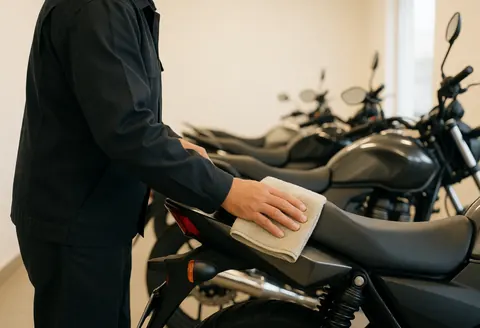 Worker cleaning a motorcycle seat with a microfiber towel in a well-lit workshop with blurred vehicles in the background.