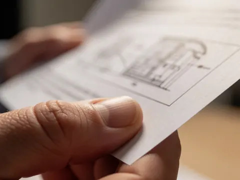 Close-up of an adult hand holding a printed page with a technical diagram, focusing on skin and paper texture with a blurred background.