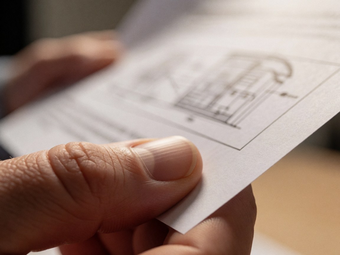 Close-up of an adult hand holding a printed page with a technical diagram, focusing on skin and paper texture with a blurred background.