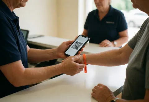 Employee at a water park scans a QR code on a mobile phone and applies an orange wristband to a customer against a blurred white background.