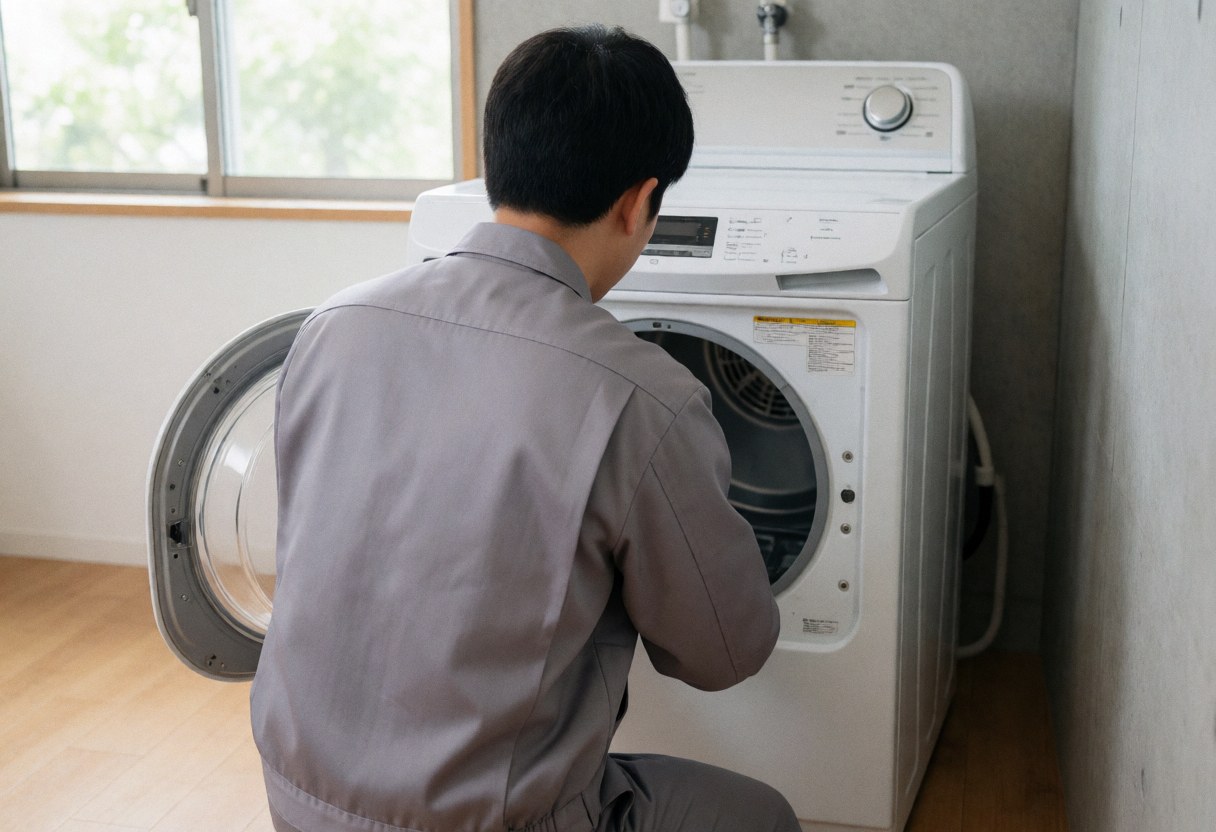 Technician checking the interior of a white dryer in a room with wood flooring and a window. The wall is concrete with natural light.