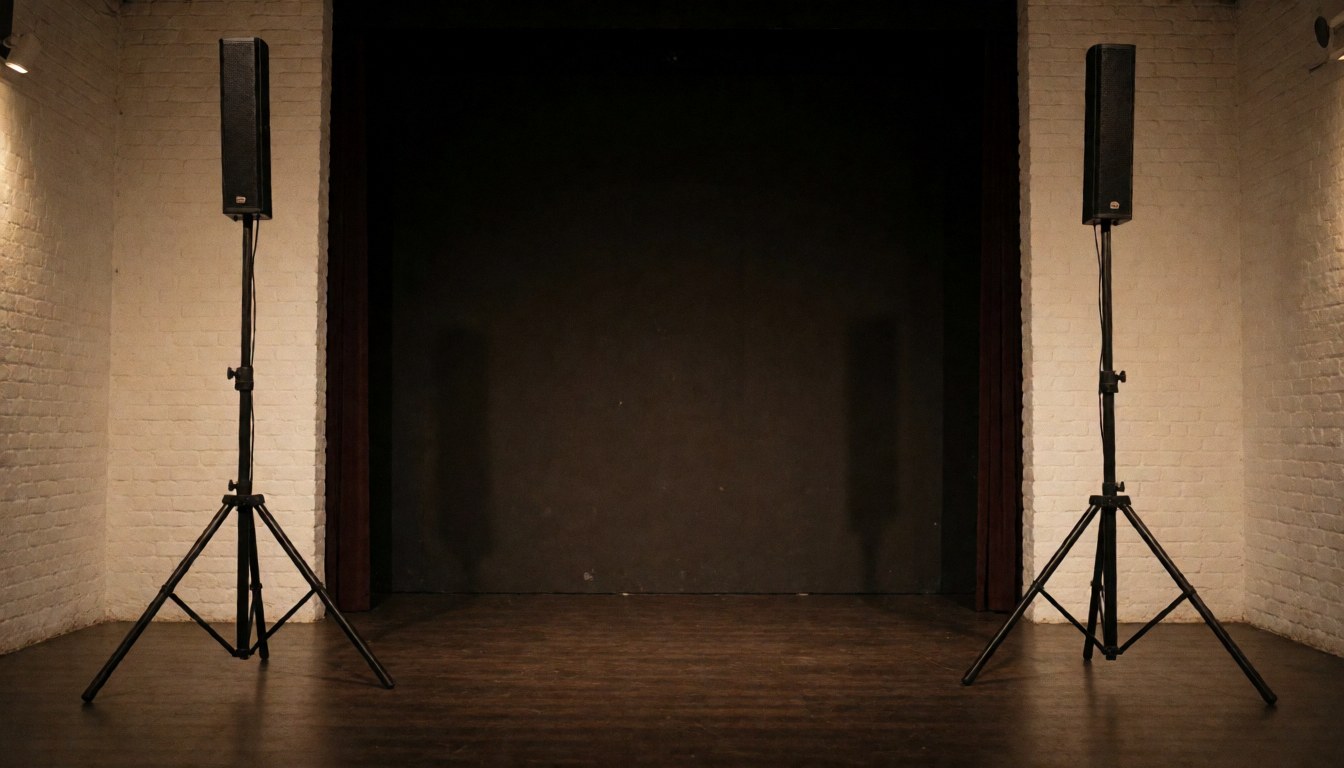 Two professional speakers on tripods stand on a wooden floor against white brick walls in an empty event space with warm lighting.