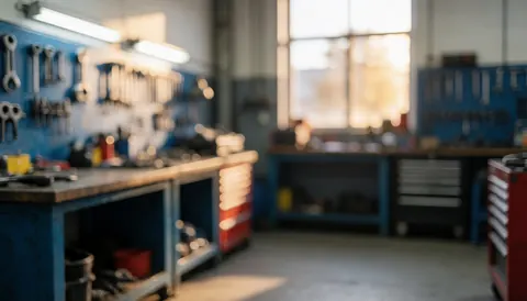 Out of focus mechanic workshop with workbenches, tools on blue walls, and warm window light