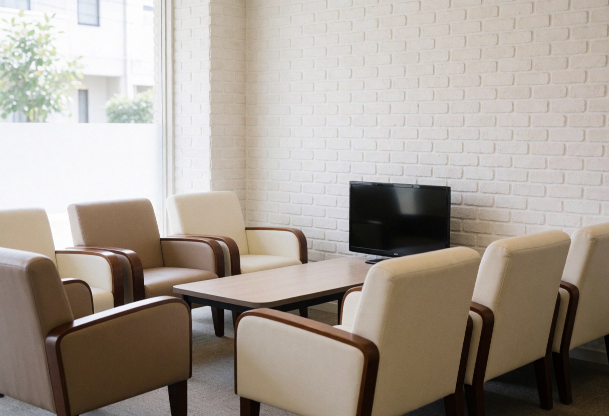 Comfortable waiting area with chairs, low table, tv, white brick wall, natural light, relaxed atmosphere for customers