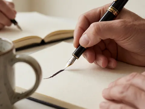 Close-up of an ink pen writing on cream paper with a coffee cup and notebook in the background