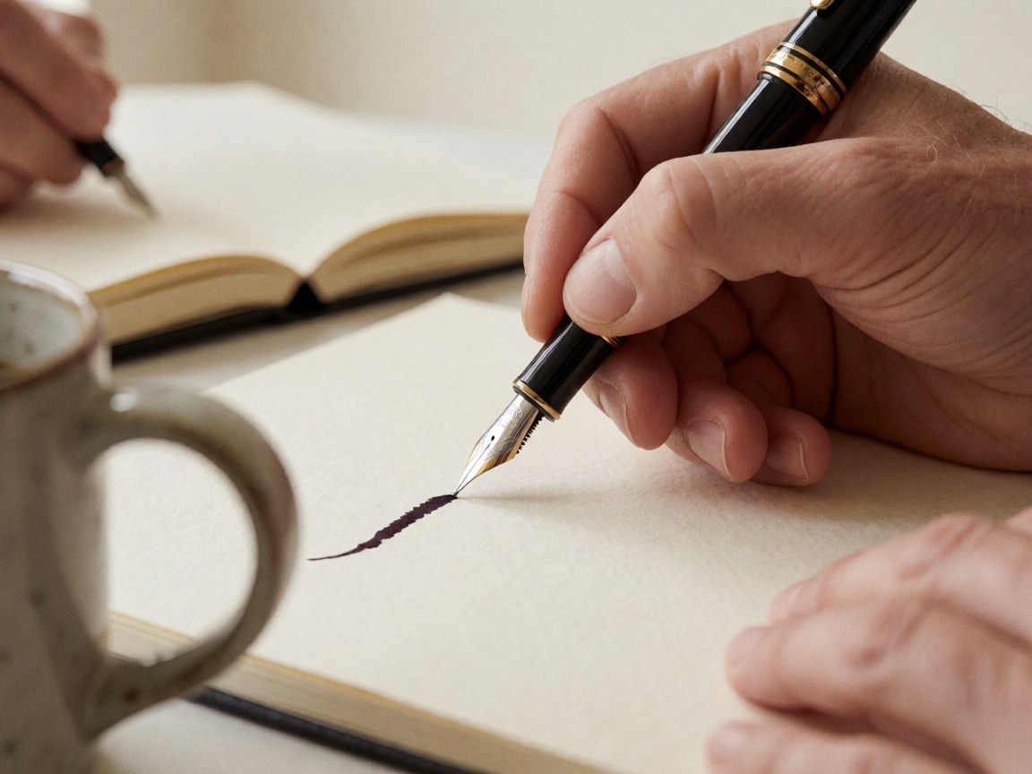 Close-up of an ink pen writing on cream paper with a coffee cup and notebook in the background