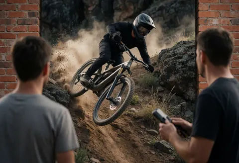 Two observers watch a professional cyclist jump over a rocky slope on a mountain bike, kicking up dust in a natural outdoor setting.