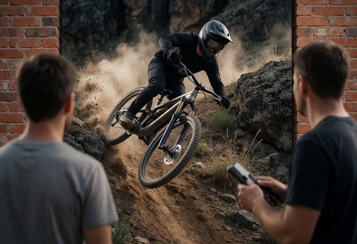 Two observers watch a professional cyclist jump over a rocky slope on a mountain bike, kicking up dust in a natural outdoor setting.