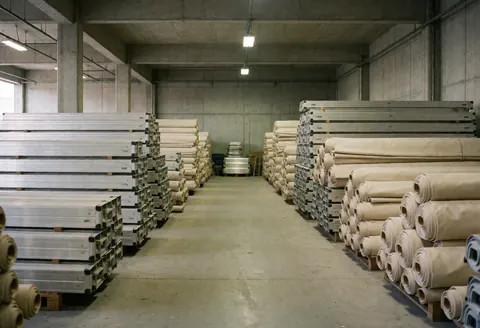 Industrial awning storage facility featuring aluminum frames and beige fabric rolls under ceiling lights on a concrete floor.