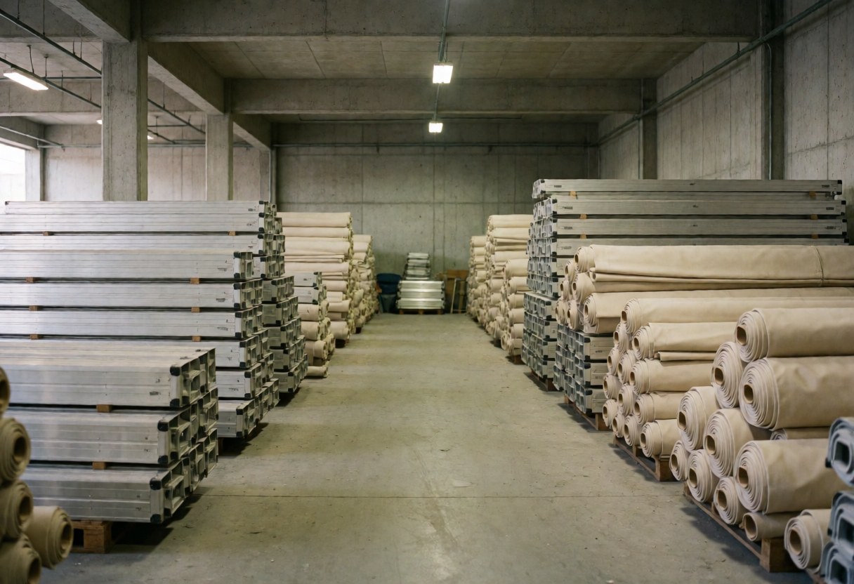 Industrial awning storage facility featuring aluminum frames and beige fabric rolls under ceiling lights on a concrete floor.