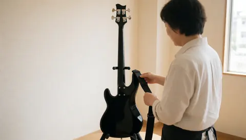 Close-up of hands adjusting the strap on a black electric bass guitar in a music studio with beige walls and natural light.