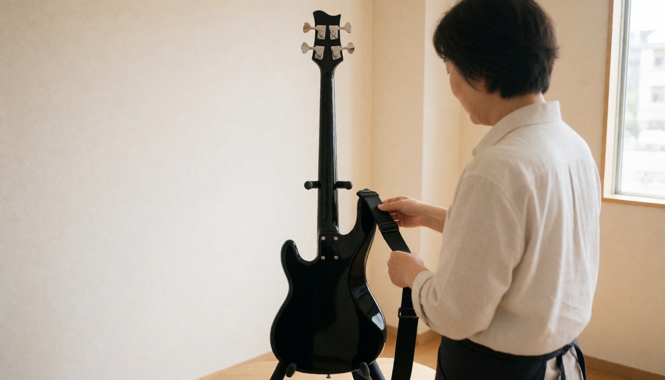 Close-up of hands adjusting the strap on a black electric bass guitar in a music studio with beige walls and natural light.