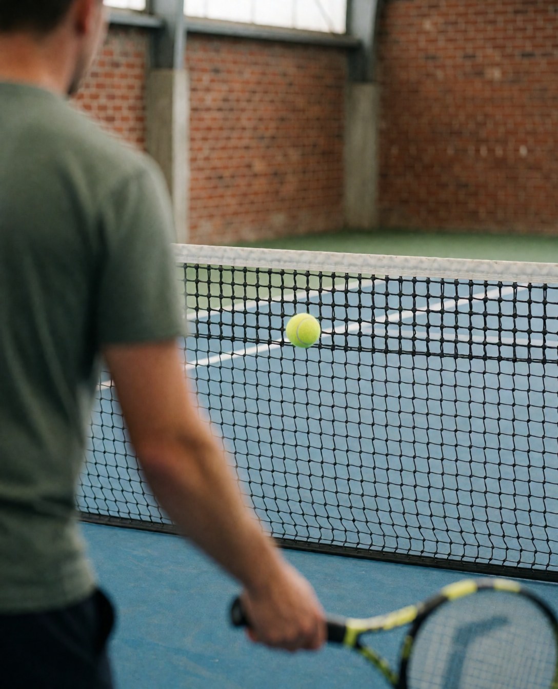 Back view of a customer testing a tennis net with a yellow ball on a blue court with brick walls and diffused light