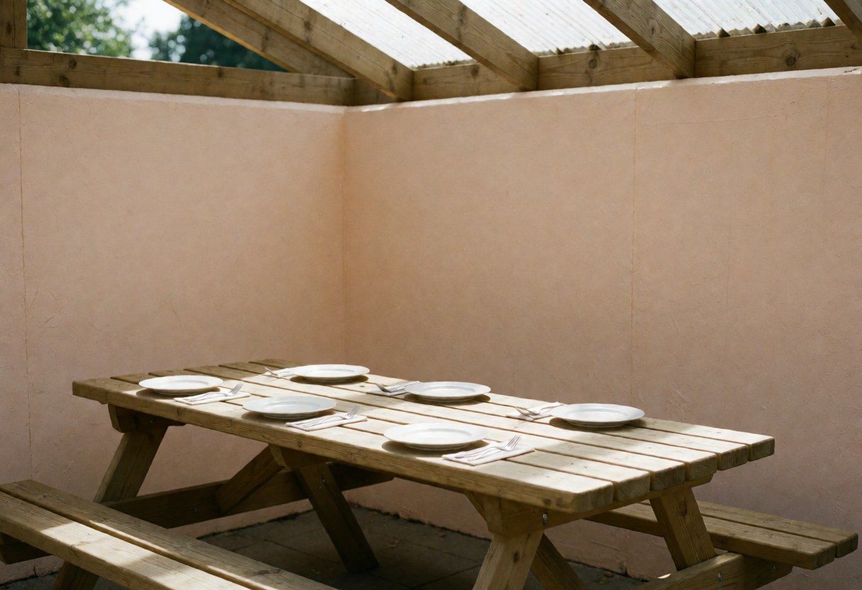 Wooden picnic table under a roof with plates and cutlery ready to eat, beige walls, natural light from the ceiling
