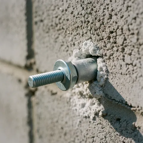 Close-up of a metal mounting anchor inserted into a concrete wall with white dust around it under natural light