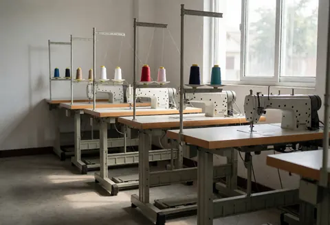 Empty sewing workshop with industrial machines, colorful thread spools, and natural light from window for tailoring business