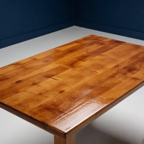 Restored wooden table with a glossy finish and warm tone on a white floor against dark blue walls, suitable for furniture restoration catalogs