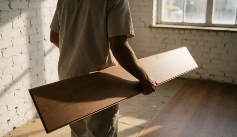 Worker installing laminate flooring in a room with white brick walls and natural light