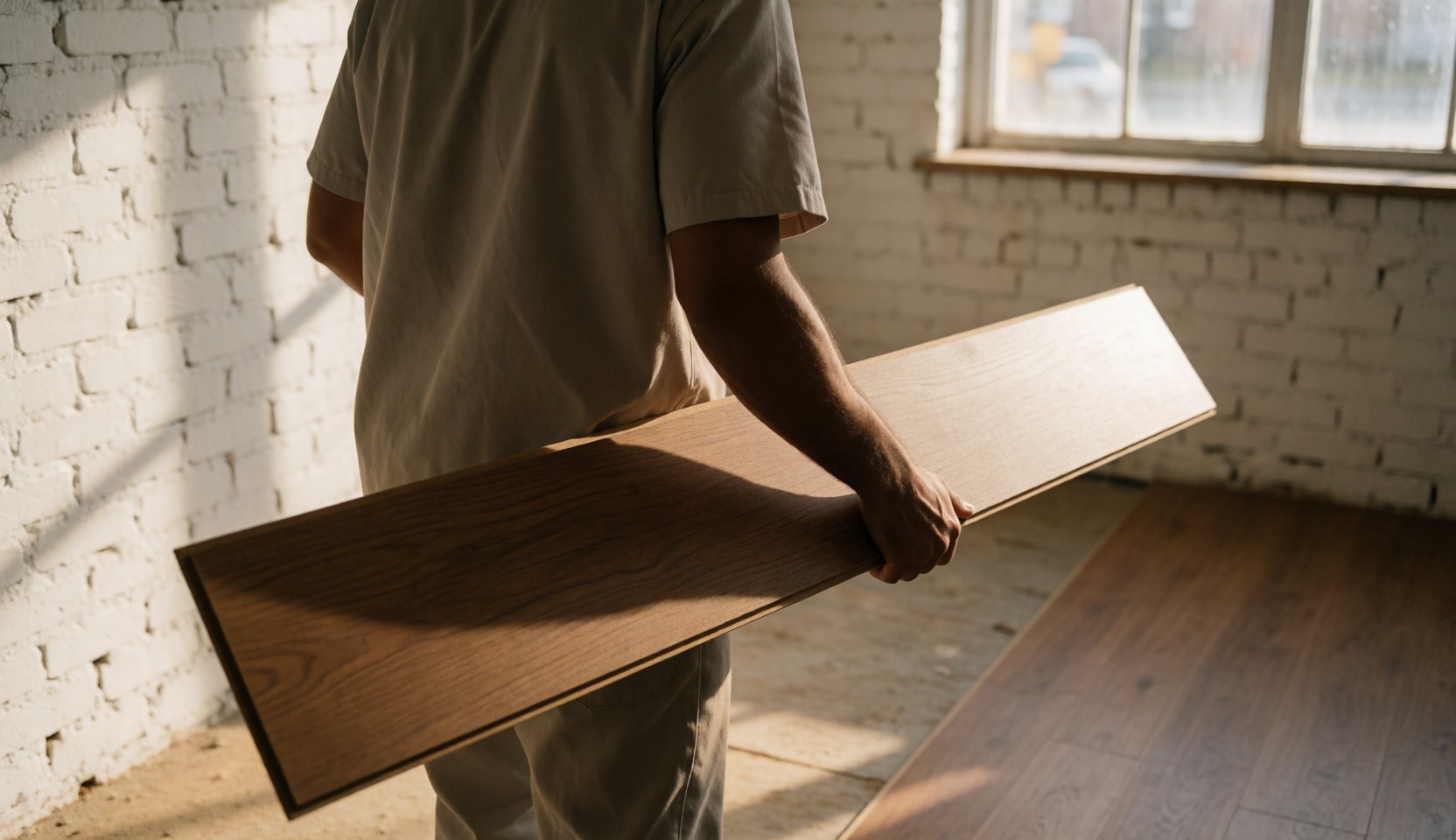 Worker installing laminate flooring in a room with white brick walls and natural light