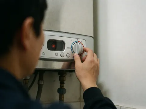 Close-up of a technician adjusting the thermostat dial on a white water heater with the control panel and pilot light visible.
