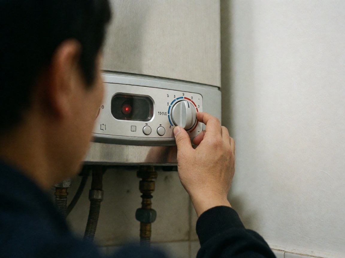 Close-up of a technician adjusting the thermostat dial on a white water heater with the control panel and pilot light visible.