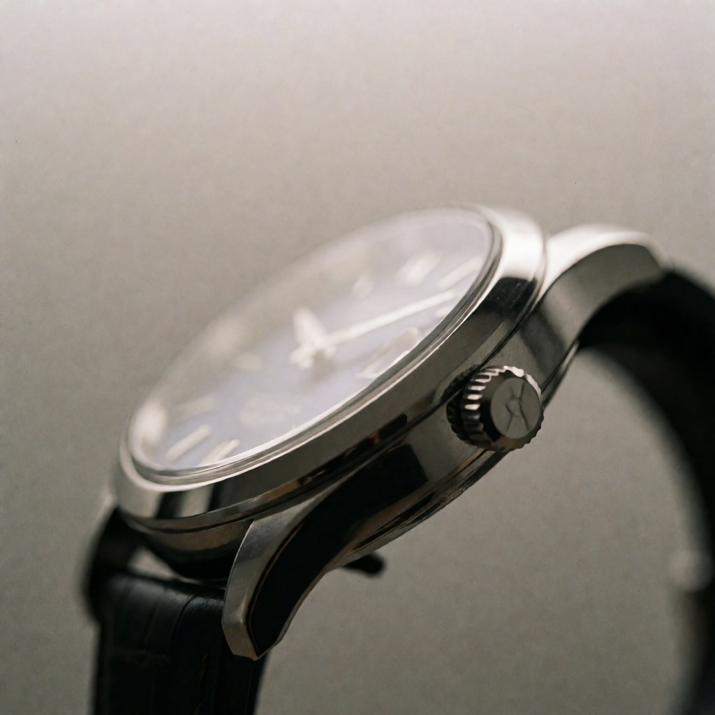 Close-up of a luxury watch featuring a sapphire crystal face and black leather strap against a neutral background with professional lighting highlighting its polished finish.