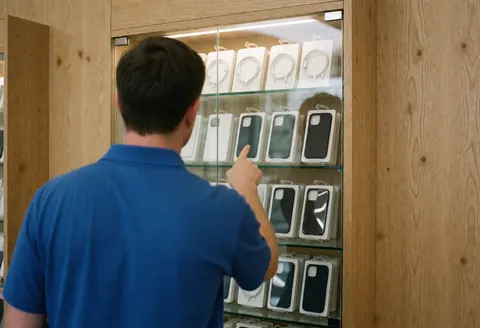 Technician in blue shirt pointing at mobile phone accessories in a wooden display case with interior lighting and light wood wall background