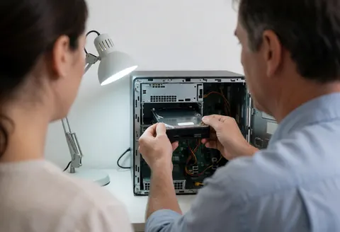 Technician installing a hard drive in an open computer illuminated by a desk lamp with a person observing from behind