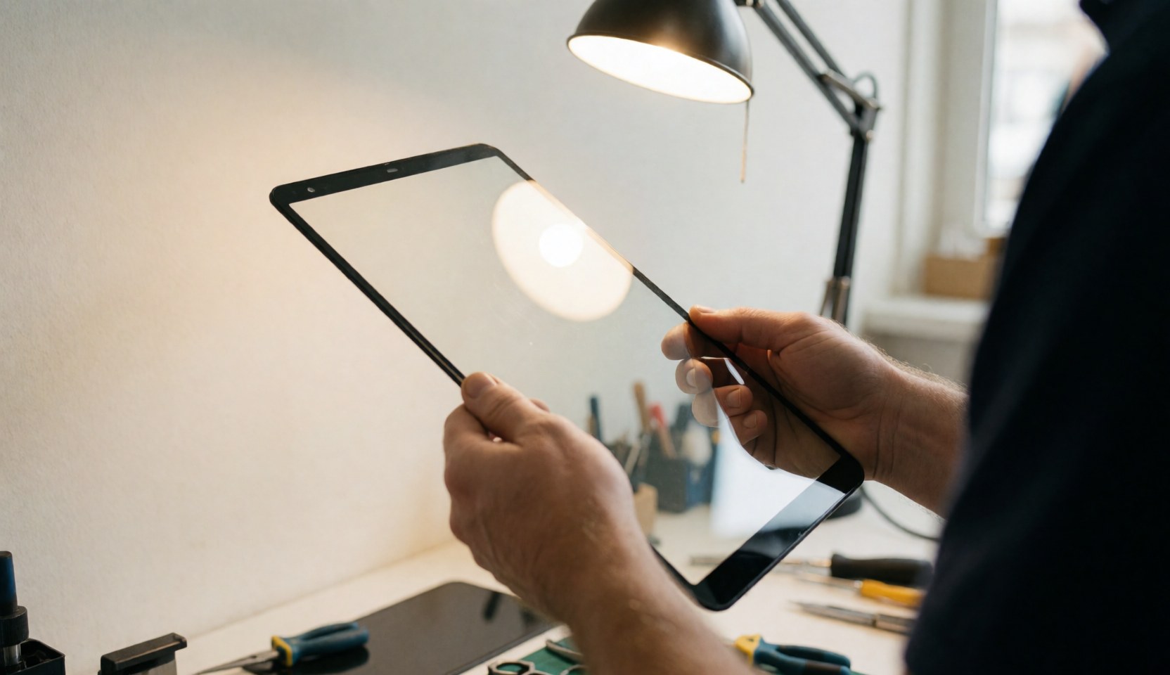 Technician holding a new smartphone screen in a workshop with tools and desk light for mobile repair