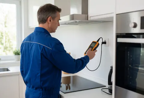 Antenna technician in blue uniform using a signal meter connected to a wall outlet in a modern kitchen with natural light and stainless steel appliances