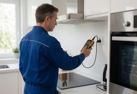 Antenna technician in blue uniform using a signal meter connected to a wall outlet in a modern kitchen with natural light and stainless steel appliances