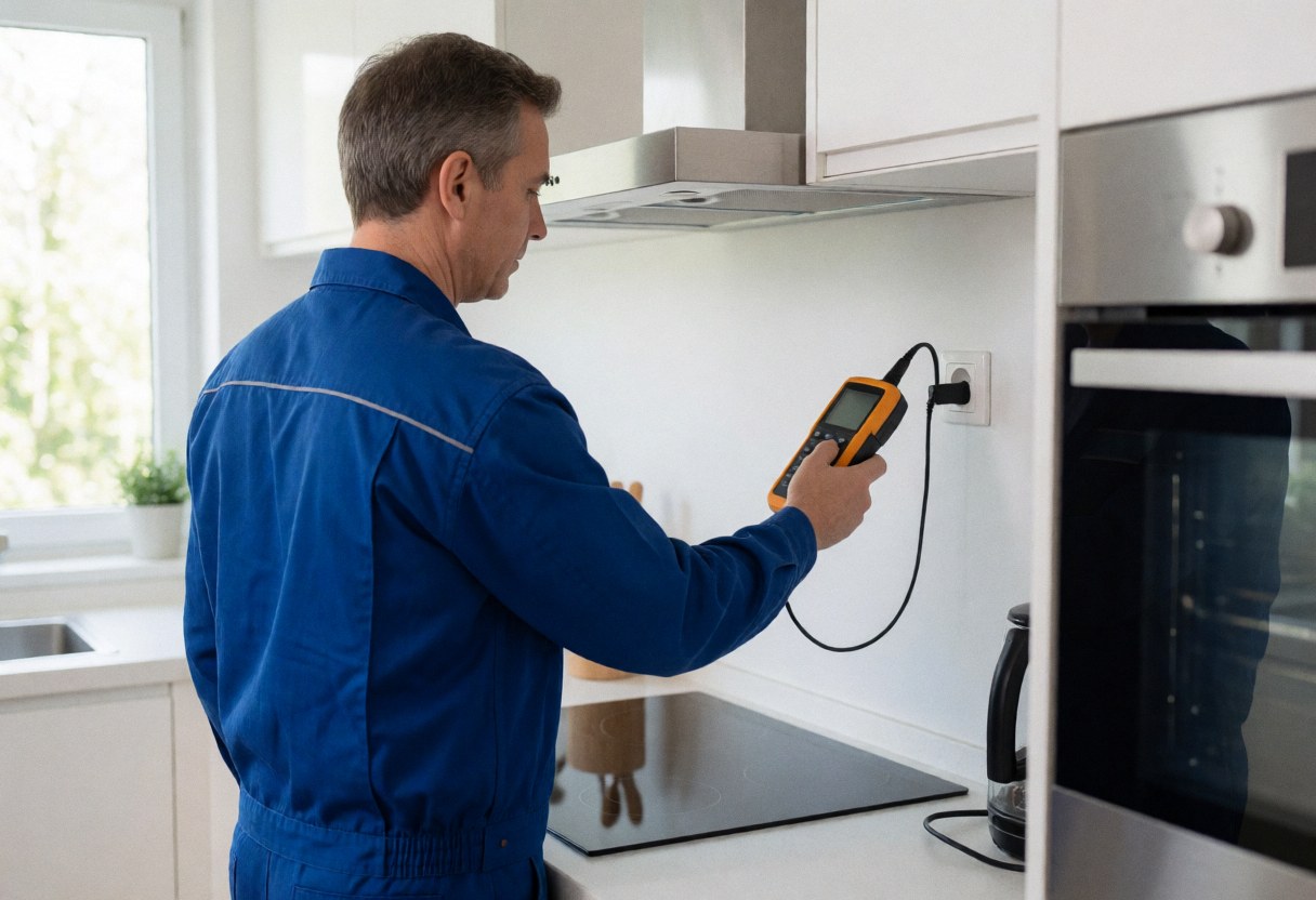 Antenna technician in blue uniform using a signal meter connected to a wall outlet in a modern kitchen with natural light and stainless steel appliances