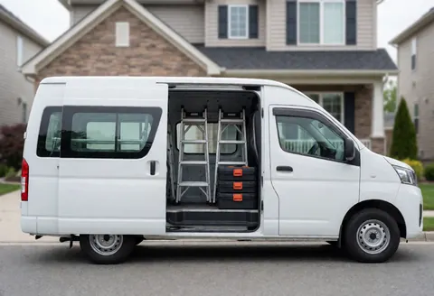 White service van with open door, ladders, and organized toolboxes ready for residential roof repair on a quiet street.