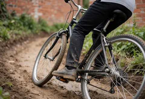Cyclist riding on a dirt path with mud stains on pants and shoes, brick wall and vegetation in background