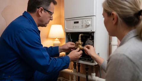 Technician in blue uniform adjusts a golden gas regulator on a white boiler while a woman watches during a heating repair.
