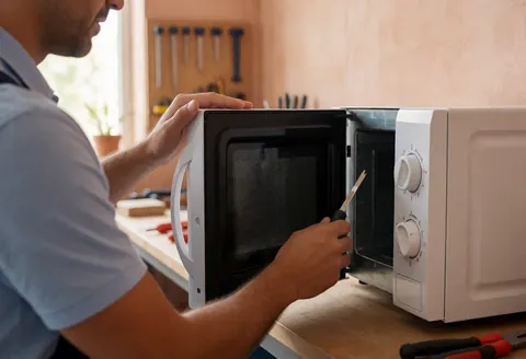 Technician checking the door seal of a white microwave in a workshop with tools and natural light