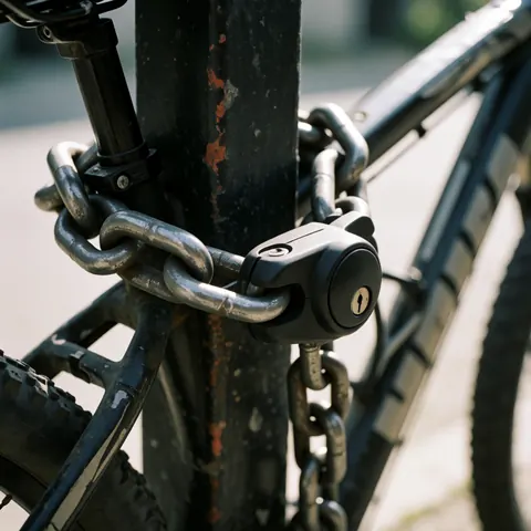 Thick steel chain and black padlock securing a mountain bike to a metal post outdoors