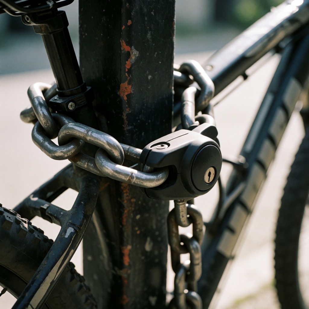 Thick steel chain and black padlock securing a mountain bike to a metal post outdoors
