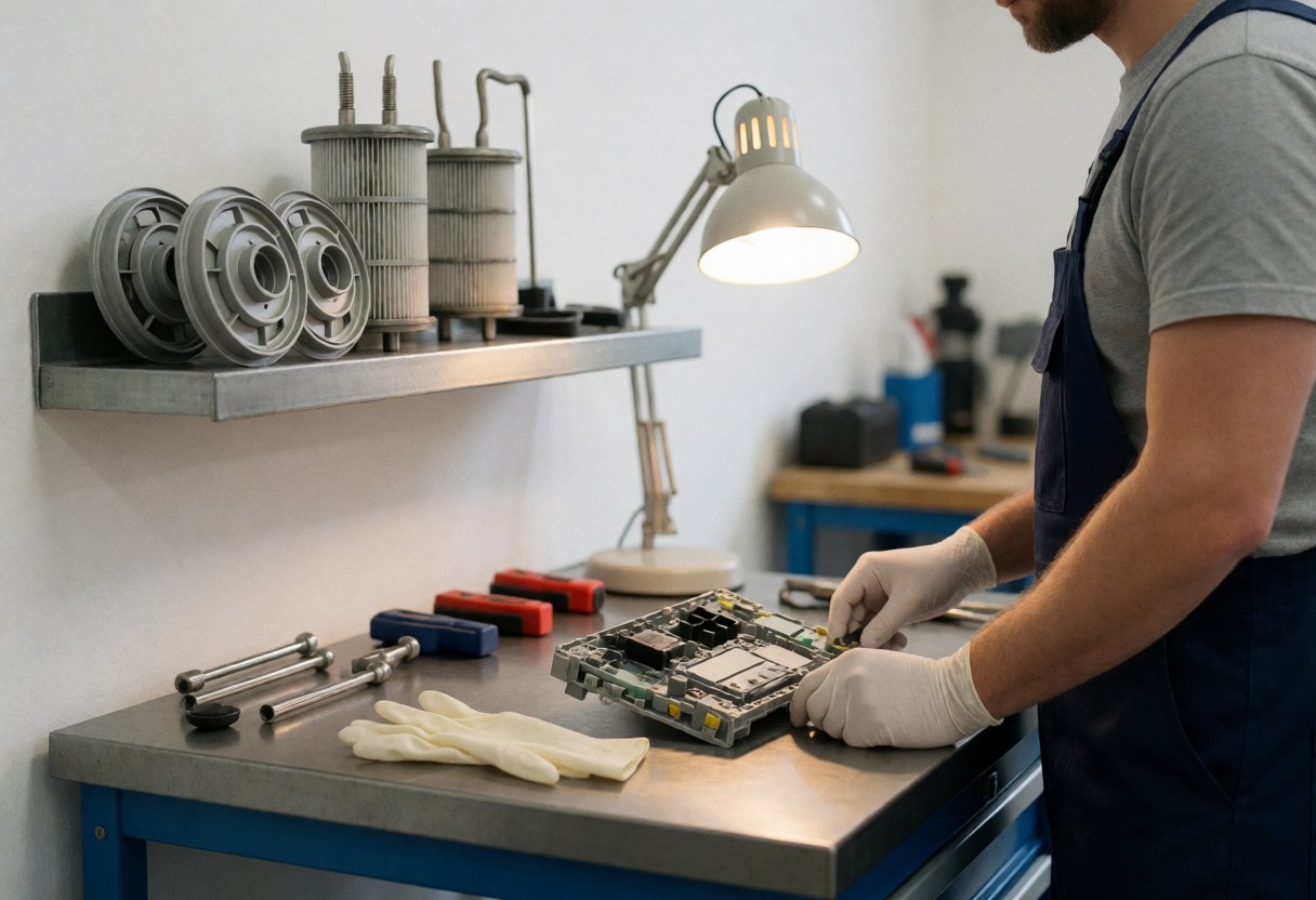 Technician wearing nitrile gloves repairing a dishwasher control board on a metal workbench with tools and spare parts under desk lighting