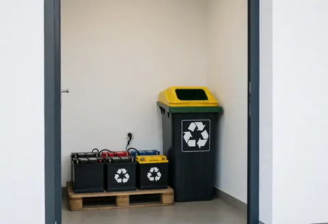 Yellow and black recycling container with symbol next to pallet with car batteries in workshop corner with white walls and gray floor.