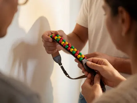 Hands adjusting the clasp of a colorful beaded camera strap featuring red, yellow, and green beads against a white background with warm lighting