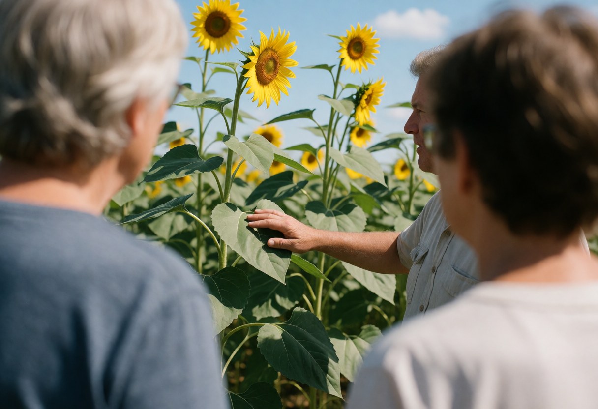 A guide explains the sunflower life cycle to visitors in a sunny field with yellow flowers and green leaves under a clear blue sky.